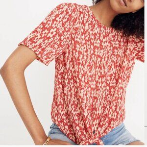 Women’s Red Floral Tie-Hem Short Sleeve Top